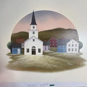 Folk Art‎ Church Town Scene Canvas Print Signed Jordan 15x19 Americana Style